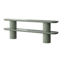 Sleek, modern console table in soft green with smooth, oval surfaces and cylindrical legs. Perfect for minimalist decor.