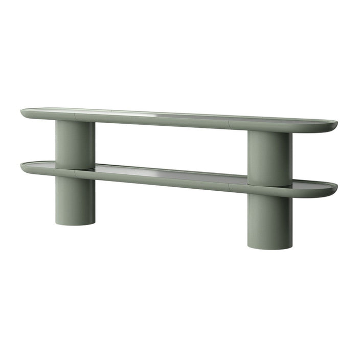 Sleek, modern console table in soft green with smooth, oval surfaces and cylindrical legs. Perfect for minimalist decor.