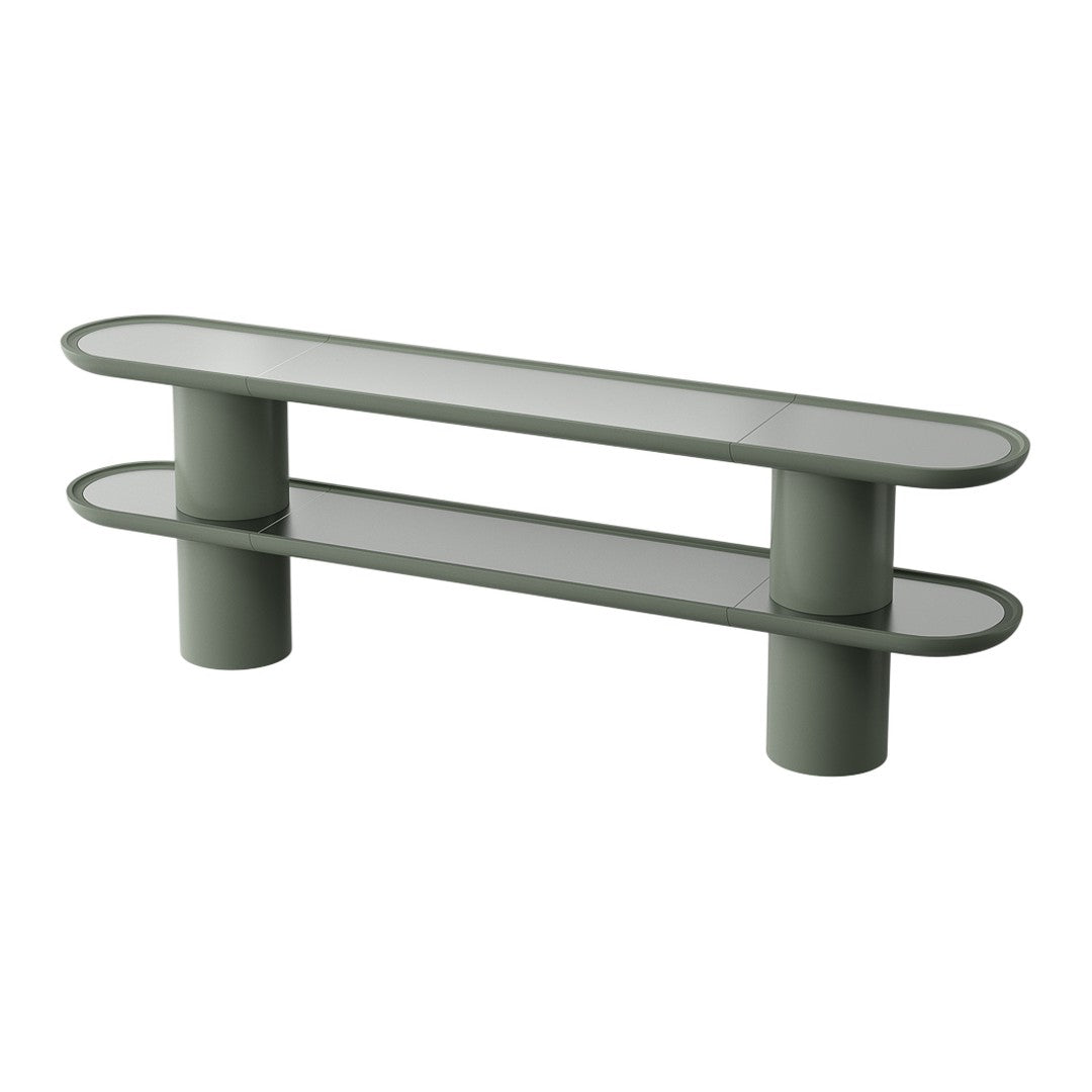 Modern oval coffee table in muted green with smooth surfaces and rounded edges, featuring a minimalist design.