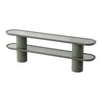 Modern oval coffee table in muted green with smooth surfaces and rounded edges, featuring a minimalist design.