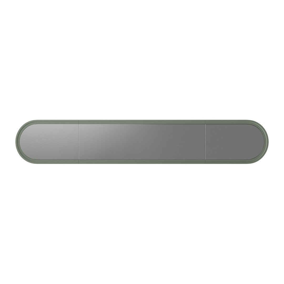 Sleek oval mirror with a muted green frame and smooth gray reflective surface. Ideal for modern decor styles.