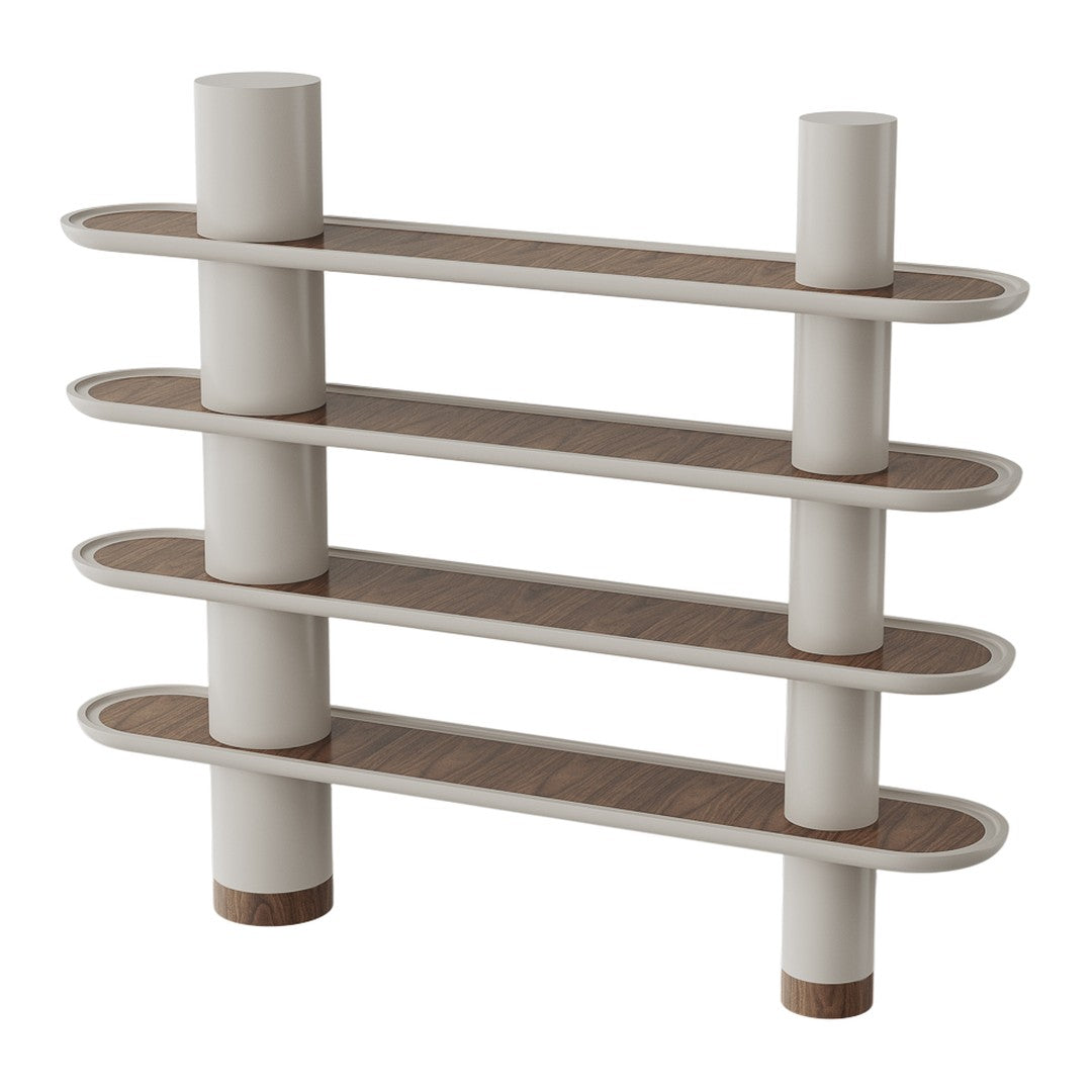 Modern shelf with white shelves and natural wood accents, featuring a minimalist design and smooth curved lines.