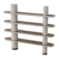 Modern shelf with white shelves and natural wood accents, featuring a minimalist design and smooth curved lines.