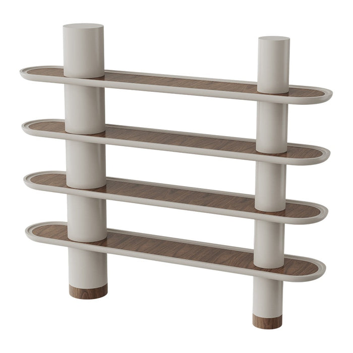 Modern shelf with white shelves and natural wood accents, featuring a minimalist design and smooth curved lines.