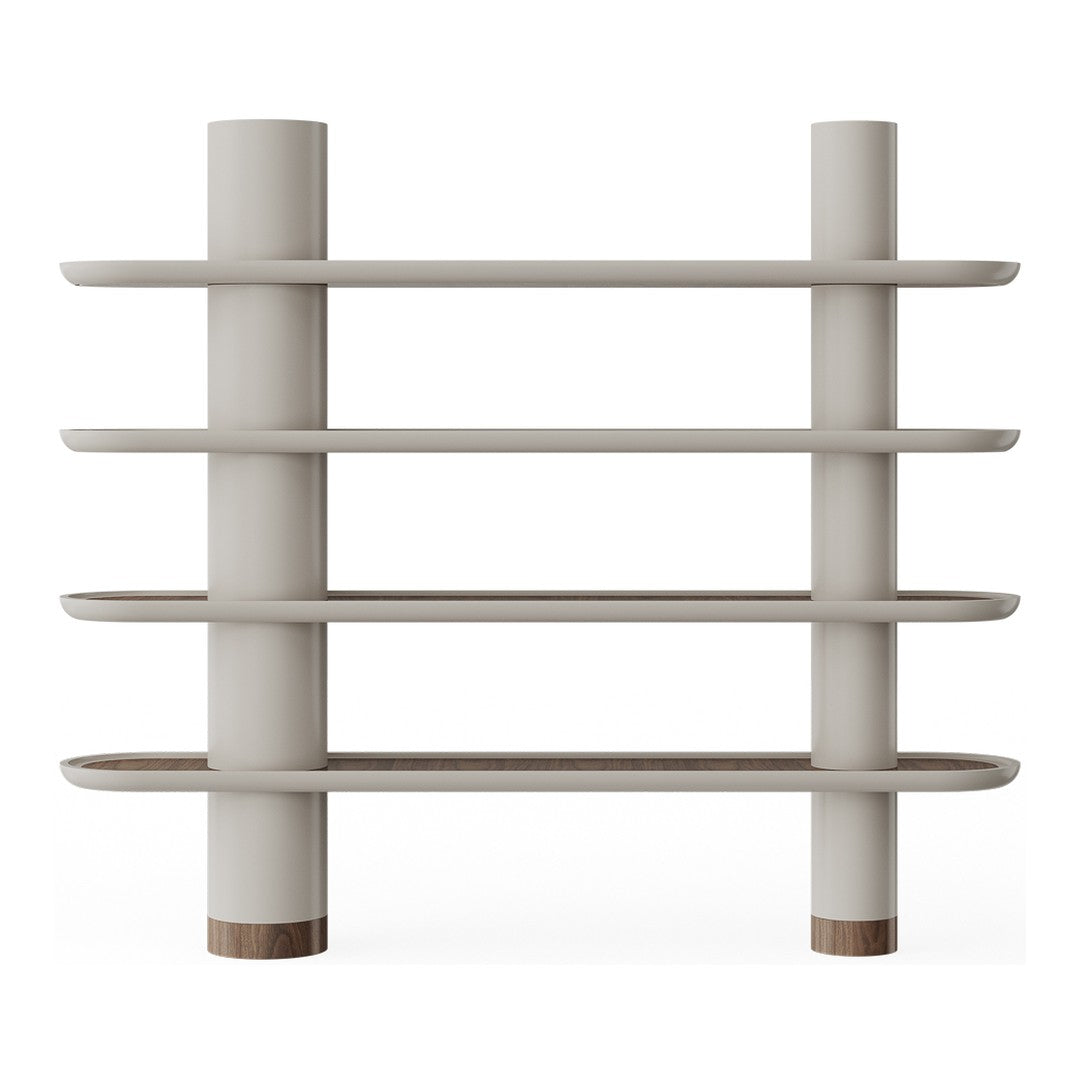 Modern shelf unit in soft beige with smooth circular supports and wooden accents, featuring minimalist design and clean lines.