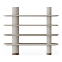 Modern shelf unit in soft beige with smooth circular supports and wooden accents, featuring minimalist design and clean lines.