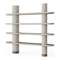 Light beige shelving unit with smooth, minimalistic lines and natural wood accents. Modern and stylish design.
