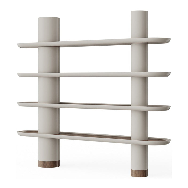 Light beige shelving unit with smooth, minimalistic lines and natural wood accents. Modern and stylish design.