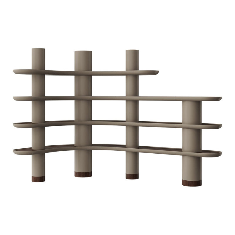 Modern beige shelving unit with curved lines and horizontal shelves, featuring contrasting brown accents.