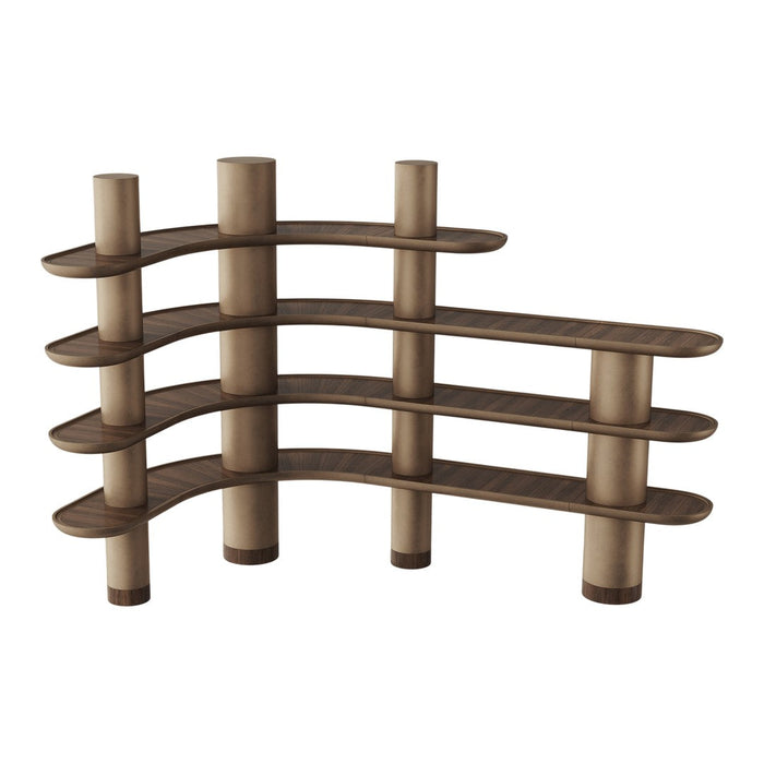Curved wooden shelf in natural brown tones with a smooth finish and rounded supports, perfect for stylish storage.