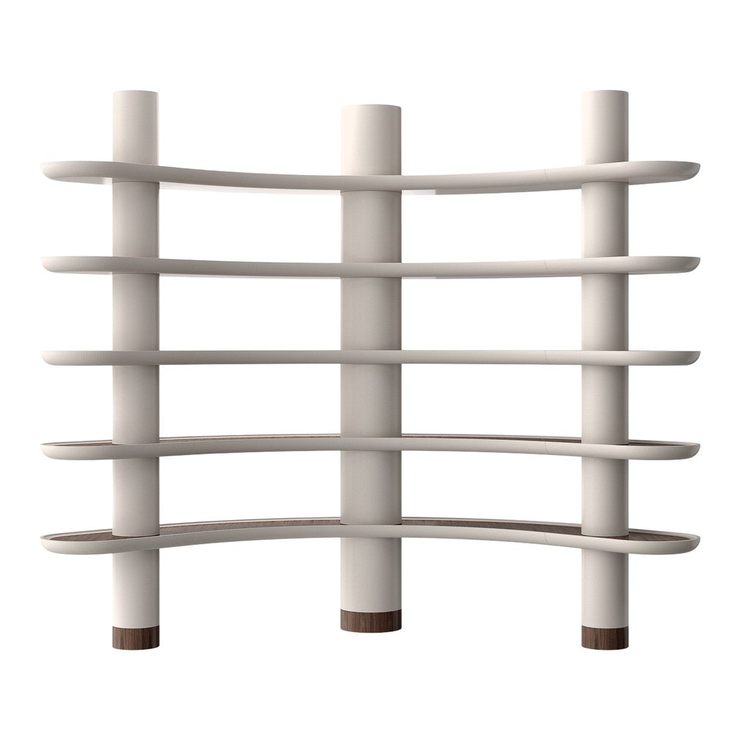 Modern white shelving unit with curved lines and subtle brown accents, showcasing a sleek, minimalist design.