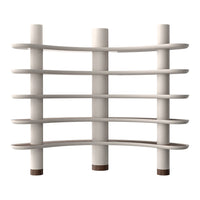 Modern white shelving unit with curved lines and subtle brown accents, showcasing a sleek, minimalist design.