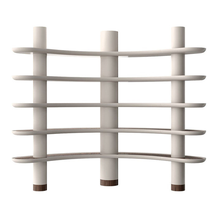 Modern white shelving unit with curved lines and subtle brown accents, showcasing a sleek, minimalist design.