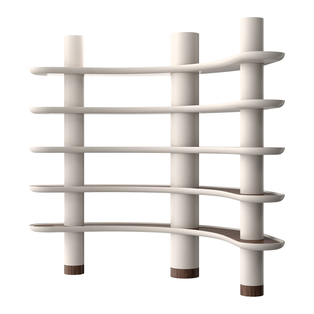 White and light beige shelving unit with smooth, curved lines and wooden accents, featuring a contemporary design.