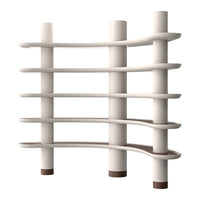 White and light beige shelving unit with smooth, curved lines and wooden accents, featuring a contemporary design.