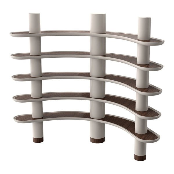 Curved shelving unit featuring white supports and dark wood shelves, displaying a modern and sleek design.