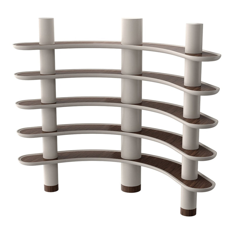 Curved shelving unit featuring white supports and dark wood shelves, displaying a modern and sleek design.