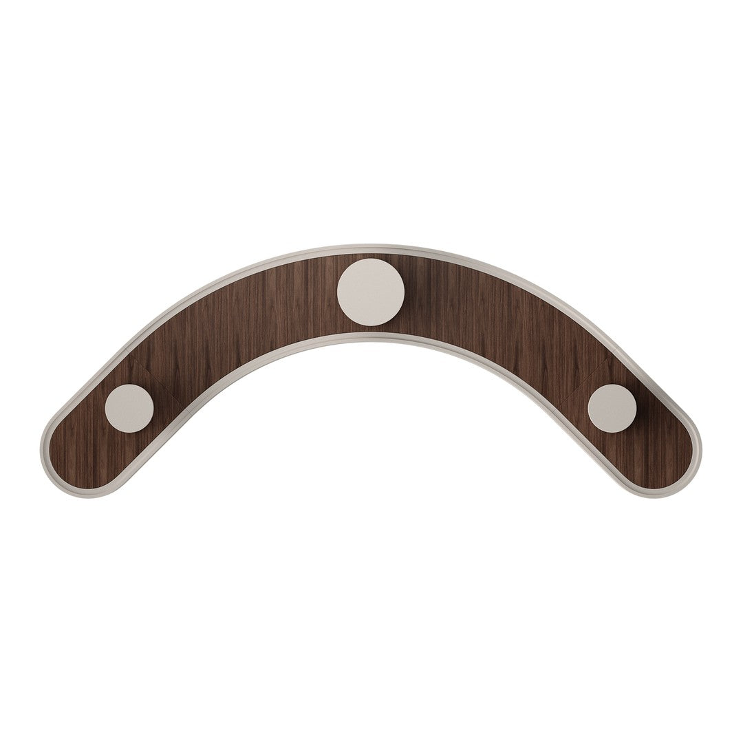 Curved wood design in dark brown with three white circular accents, offering a modern and stylish look.