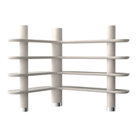 White modern shelving unit with sleek, curved lines and polished chrome accents, featuring a minimalist design.
