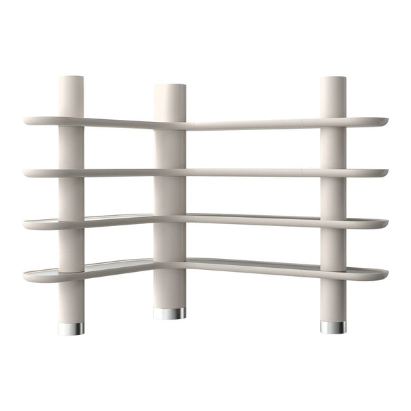 White modern shelving unit with sleek, curved lines and polished chrome accents, featuring a minimalist design.