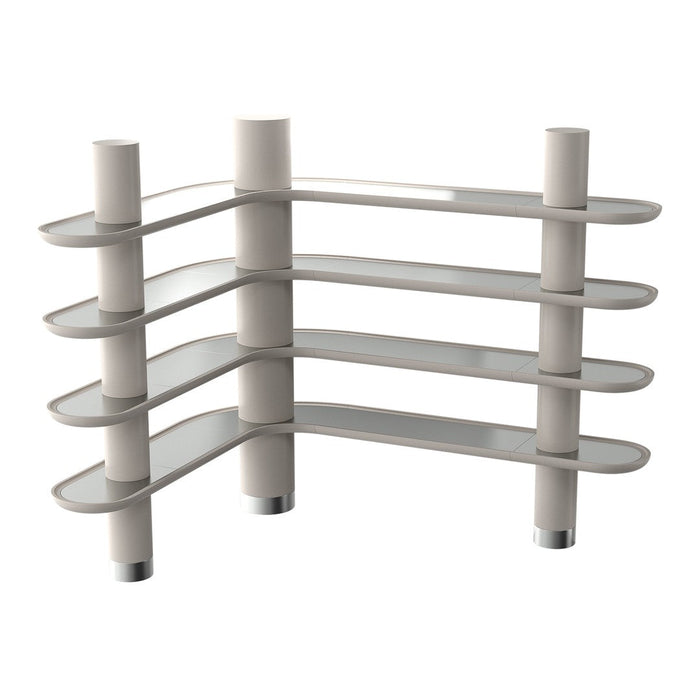 Modern shelf with white, sleek surfaces and rounded edges, featuring a minimalist design and smooth lines.