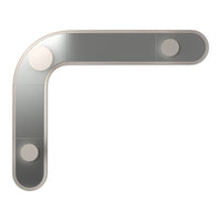 L-shaped gray desk with a smooth surface and circular accents in light tones. Modern minimalist design.
