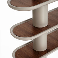 "Elegant three-tier shelf with smooth beige edges and walnut brown surfaces, showcasing a modern design."