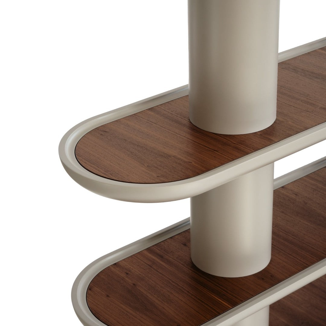 Brown wooden shelves with rounded edges and smooth beige supports. Modern, sleek design with a minimalist aesthetic.
