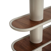 Brown wooden shelves with rounded edges and smooth beige supports. Modern, sleek design with a minimalist aesthetic.