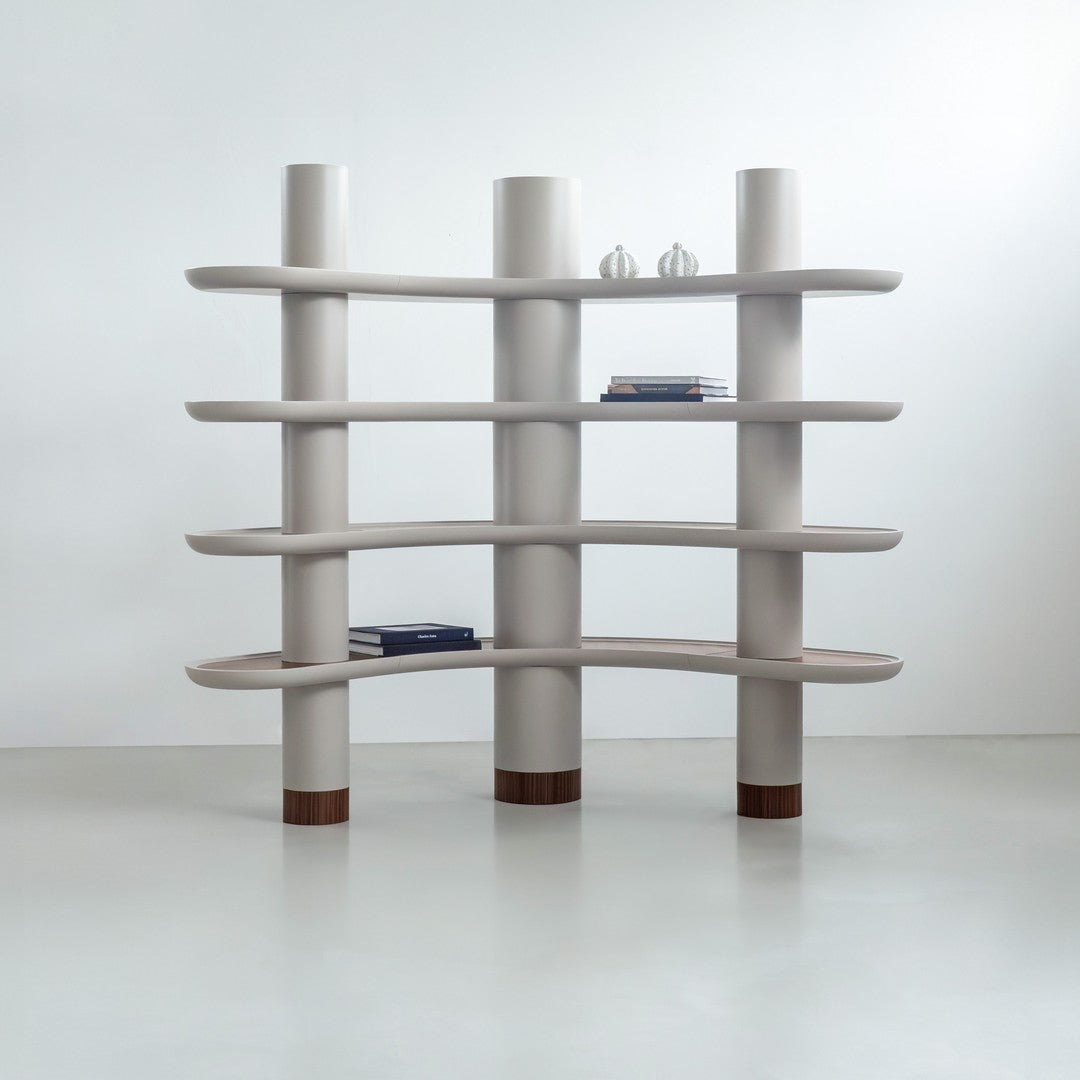 Light gray shelving unit with curved shelves and wooden accents, featuring a modern, minimalist design.
