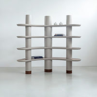 Light gray shelving unit with curved shelves and wooden accents, featuring a modern, minimalist design.