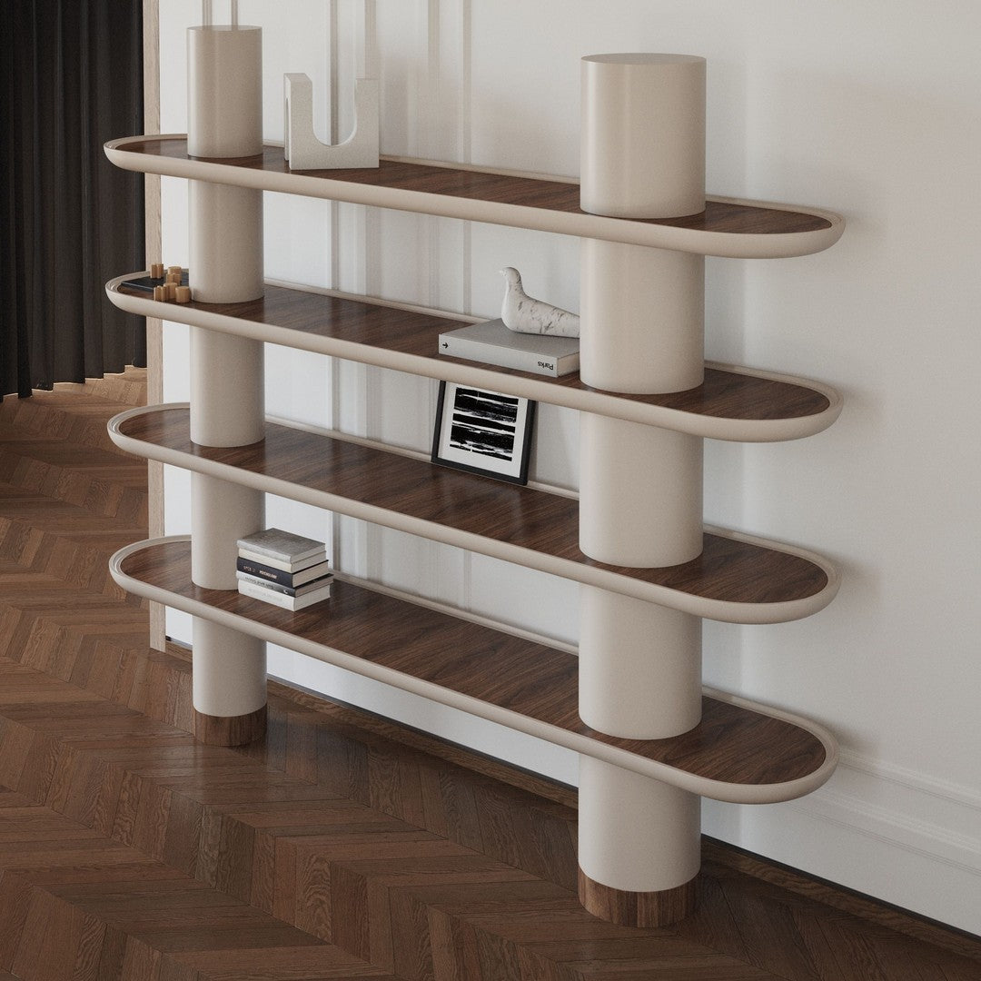 Modern shelving unit featuring smooth beige curves and rich brown wooden shelves, adding elegance to any space.