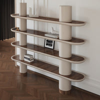Modern shelving unit featuring smooth beige curves and rich brown wooden shelves, adding elegance to any space.