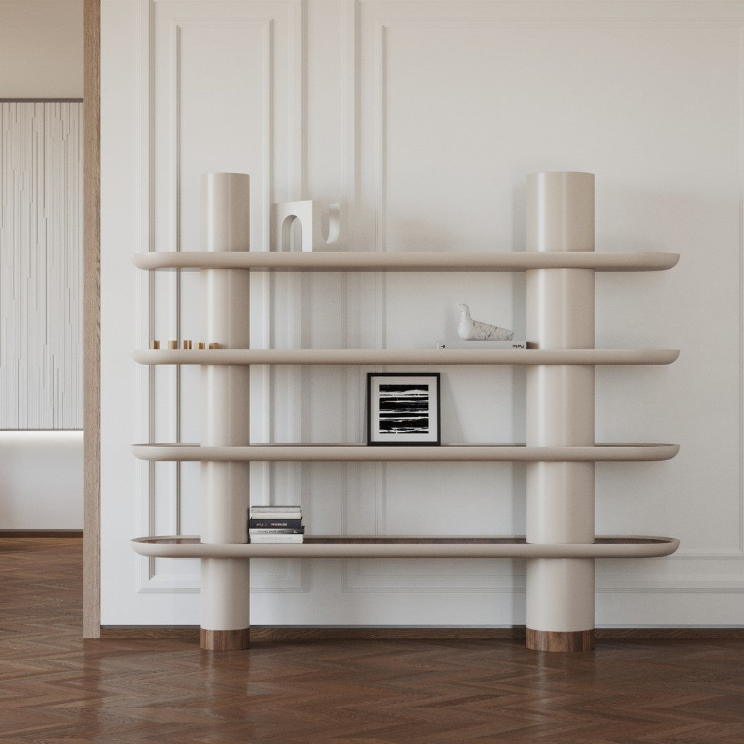 Elegant pale beige shelving unit with smooth lines and minimalistic design against a light background.