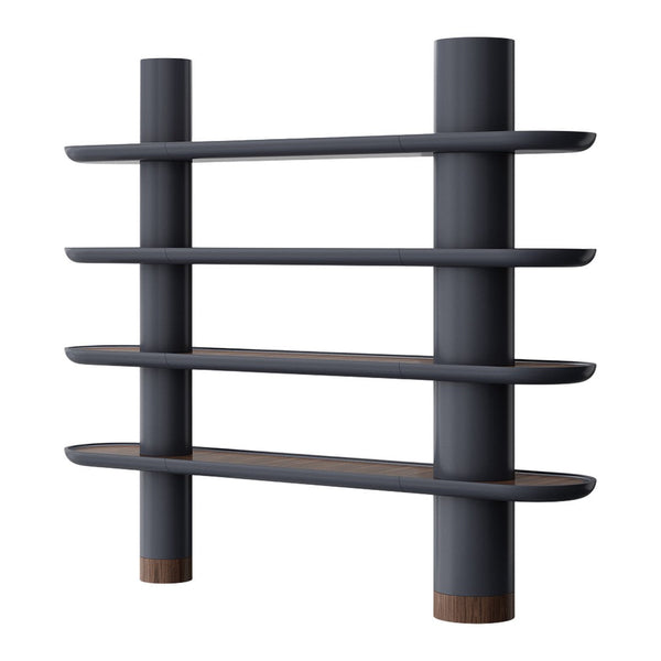 Modern shelving unit in dark gray with smooth, curved shelves and contrasting natural wood accents.