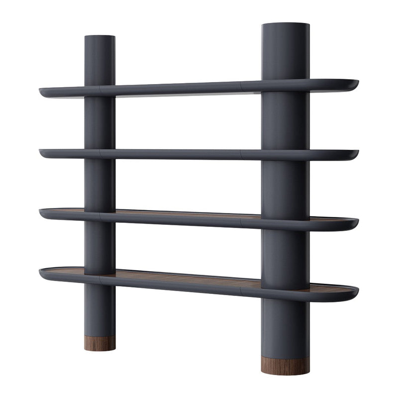 Modern shelving unit in dark gray with smooth, curved shelves and contrasting natural wood accents.