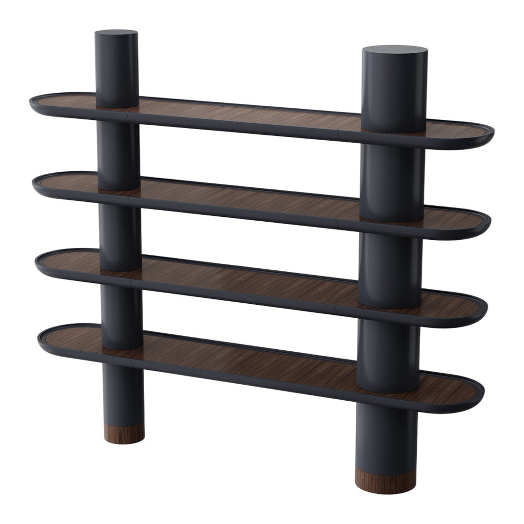 Black and brown minimalist bookshelf with four sleek, oval shelves and cylindrical supports. Modern decor accent.