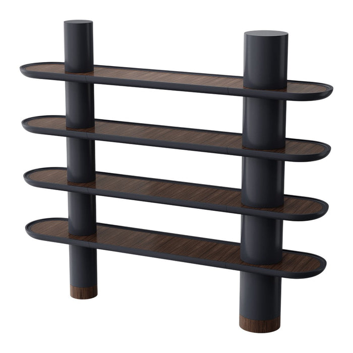 Black and brown minimalist bookshelf with four sleek, oval shelves and cylindrical supports. Modern decor accent.