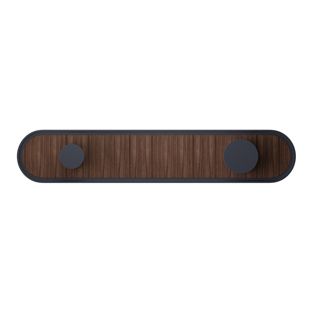 Dark wood finish with smooth gray circular accents, featuring a sleek and modern design.