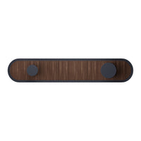 Dark wood finish with smooth gray circular accents, featuring a sleek and modern design.