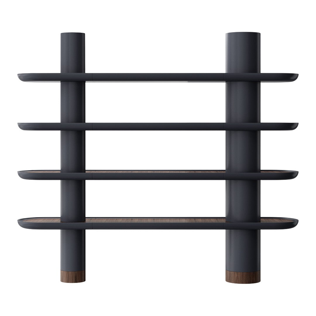 Modern black shelving unit with sleek horizontal lines and natural wood accents. Stylish and minimalist design.