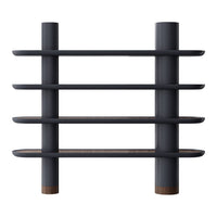 Modern black shelving unit with sleek horizontal lines and natural wood accents. Stylish and minimalist design.