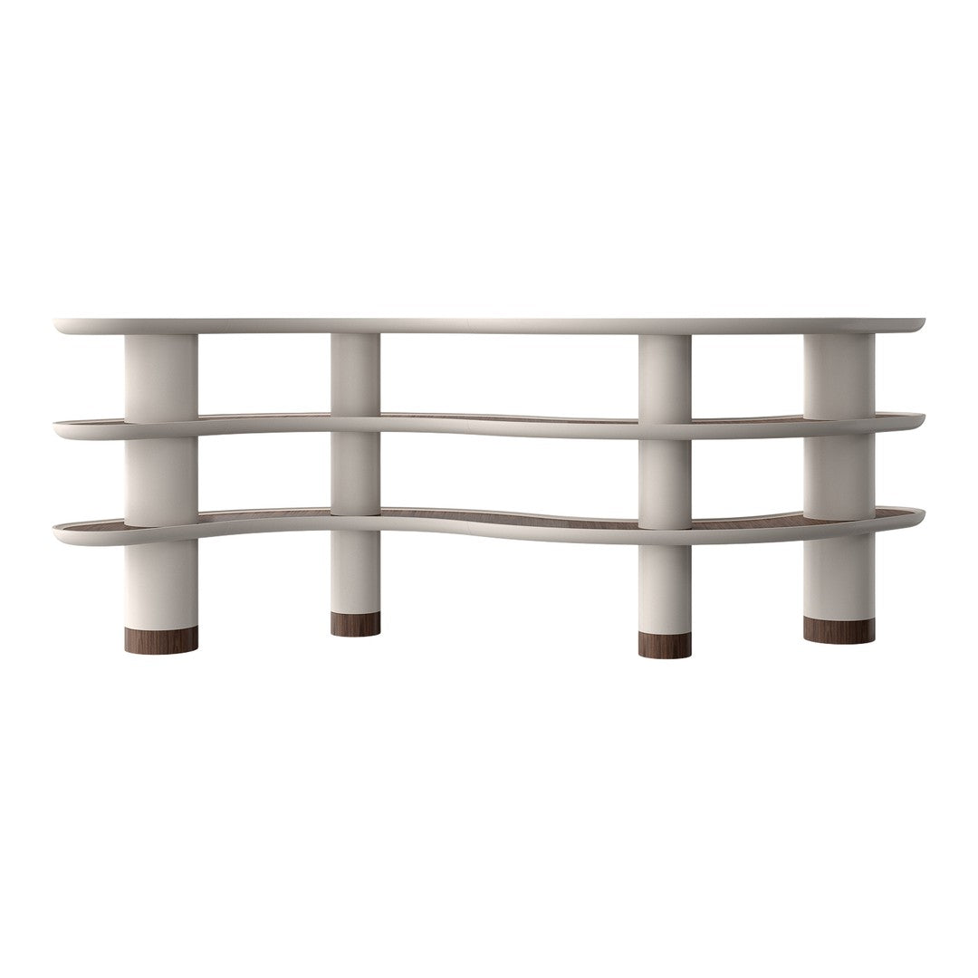 Elegant white curved shelving unit with smooth lines and subtle brown accents on the base. Ideal for modern interiors.