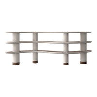Elegant white curved shelving unit with smooth lines and subtle brown accents on the base. Ideal for modern interiors.
