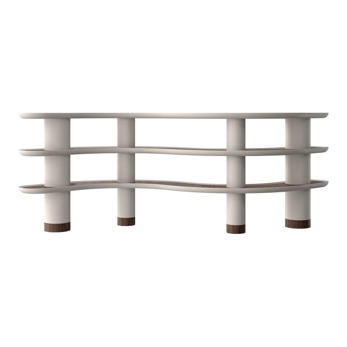 Elegant white curved shelving unit with smooth lines and subtle brown accents on the base. Ideal for modern interiors.