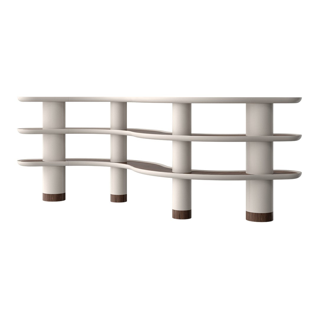 Modern white shelf with curved lines and brown accents, featuring a sleek, minimalist design. Perfect for contemporary spaces.
