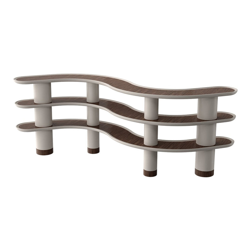 Wavy three-tiered shelf with a light beige finish and dark brown accents, featuring smooth, modern lines.
