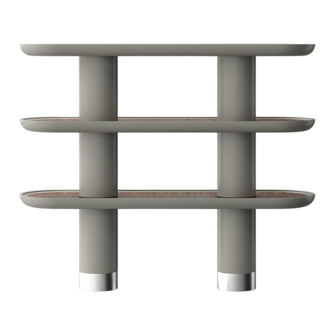 Gray shelving unit with rounded edges and wood-patterned shelves, featuring sleek silver accents.