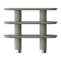Gray shelving unit with rounded edges and wood-patterned shelves, featuring sleek silver accents.