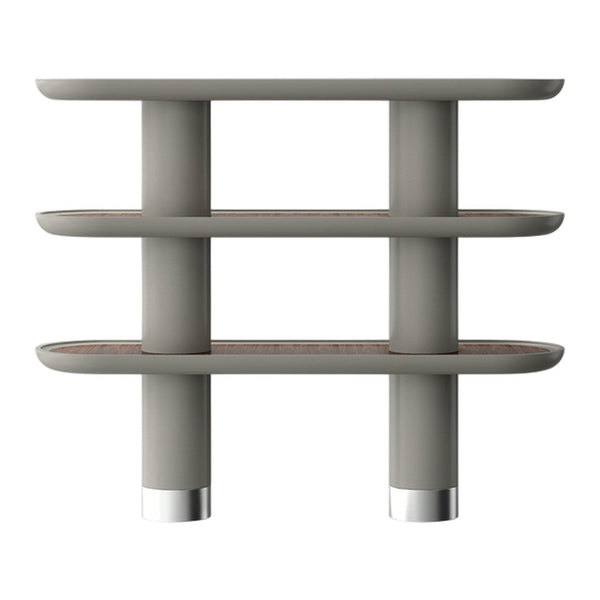 Gray shelving unit with rounded edges and wood-patterned shelves, featuring sleek silver accents.